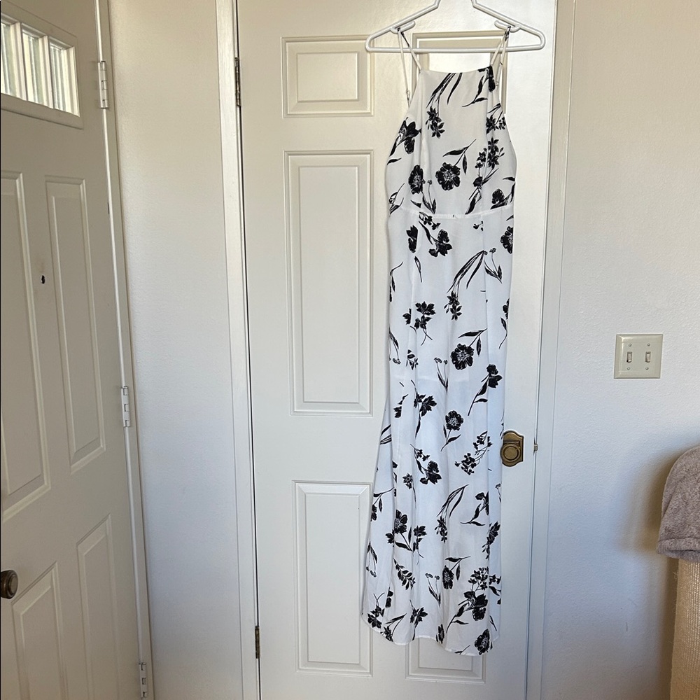 FAVLUX Backless Black and White Floral Print Maxi Long Dress Women’s Size M